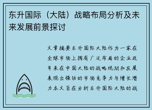 东升国际（大陆）战略布局分析及未来发展前景探讨